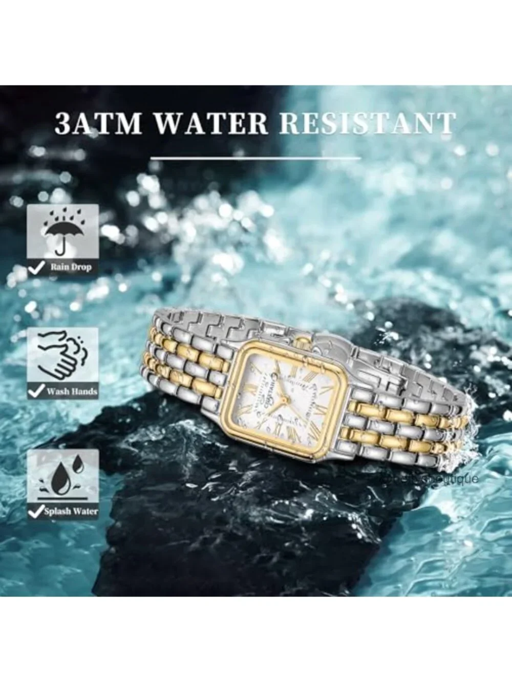 Vintage Rectangular Gold-Silver Stainless Steel Watch for Women with Roman